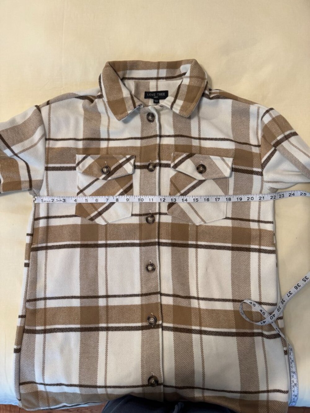 Love Tree Plaid Shacket Coat S Cream Tan Oversized Button Front Jacket - Picture 5 of 10